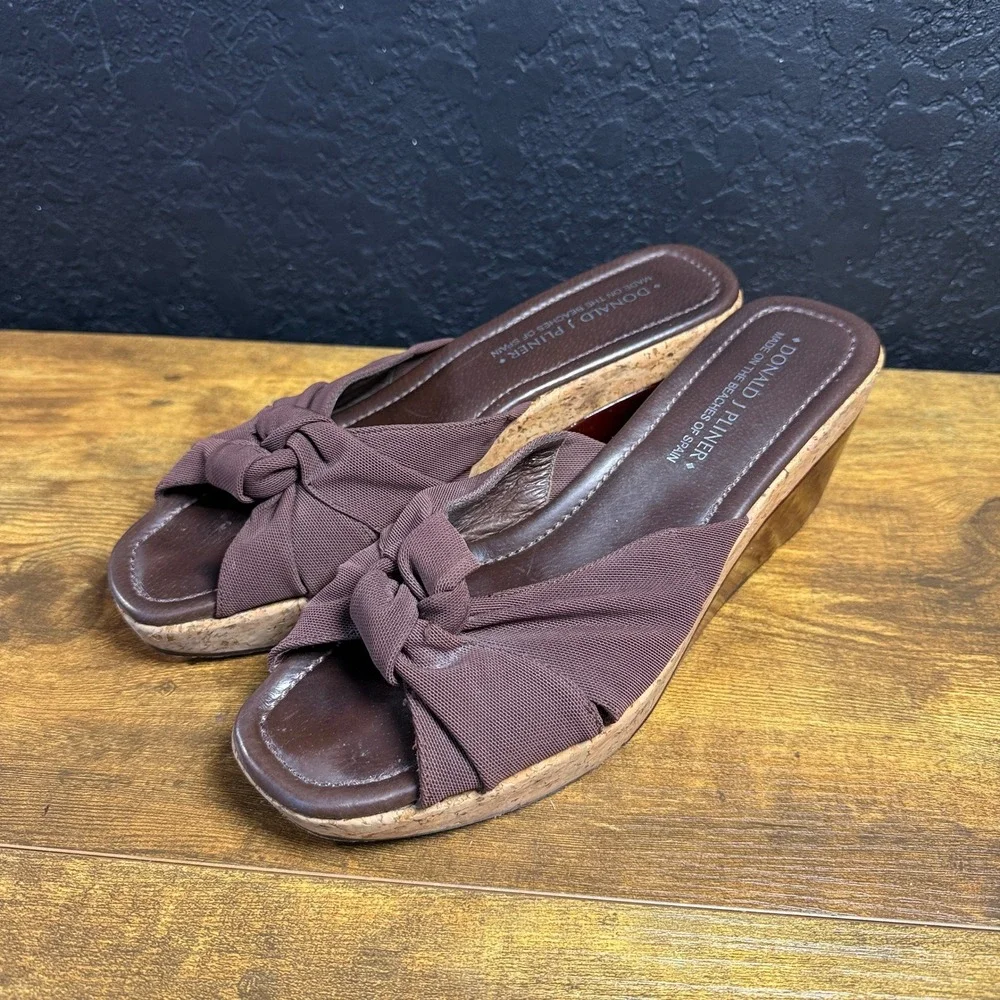Donald J Pliner Knot Wedge Brown Fabric Cork Slide Sandals Womens 10